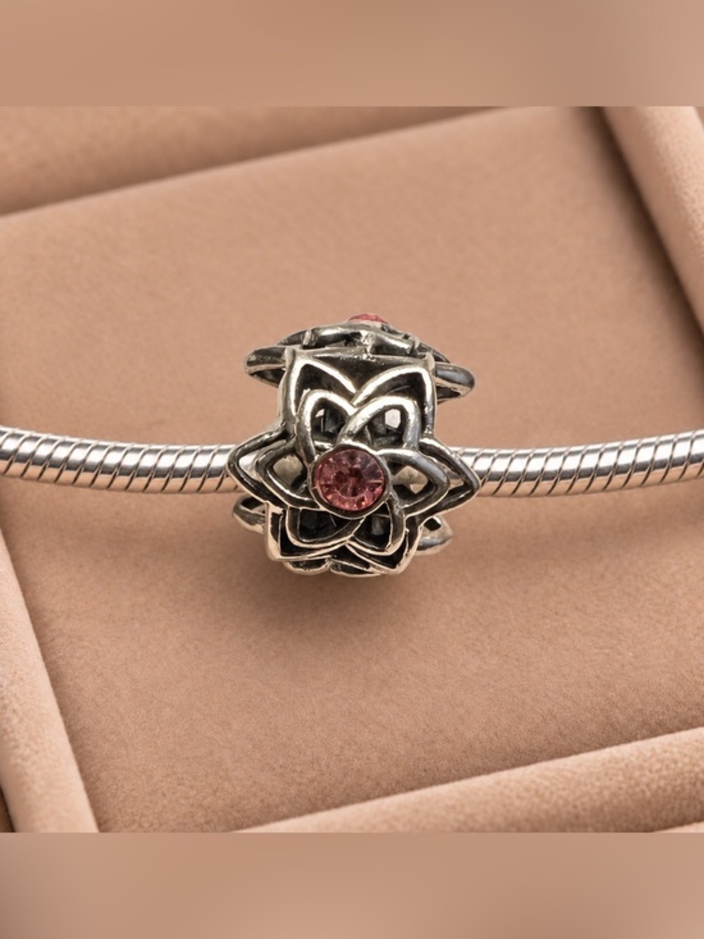 Chamilia Pink Garden Party Dahlia Swarovski .925 Silver Charm Bead EUC #198